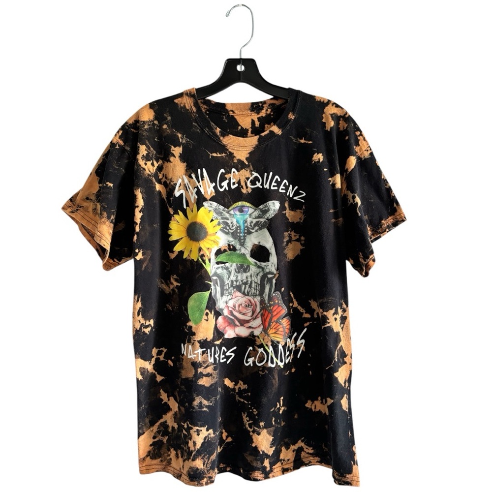 Bleach Tie-Dye Graphic T-Shirt with Floral Skull Design